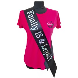 18th Birthday Sash - Finally 18 & Legal - Beautiful Quality Black Ribbon and Holographic Silver Font
