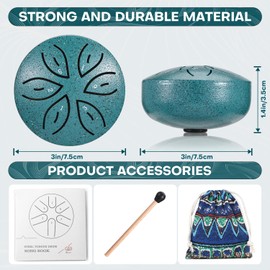 Facmogu Steel Tongue Drum for Outside, 3 Inch 6 Notes Chakra Drum for Outdoor Use, Mini Handpan Drum for Sound Bath, Musical Education Entertainment Meditation Yoga Zen Present - Green (Leaf Pattern)