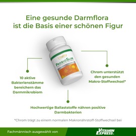 ProbioSlim Hochsdosiert Kapseln, Hohe Bioverfügbarkeit mit 10 Bakterienkulturen + Chrom + Ballaststoffen aus der Zichorie, Gesunde Darmflora, 60 stk, Vegane, Vitality Nutritionals by VitaminExpress