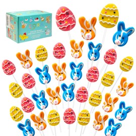 32 Pack Happy Easter Candy Suckers Lollipops, Cute Bunny & Egg Hard Lollipops Candy, Assorted Fruit Flavored Lollipop Suckers, Individually Wrapped Bulk for Easter Hunting and Party Favors