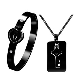 Tobestu His and Hers Matching Set Couple Titanium Heart Lock Bangle Bracelet and Shield Key Pendant Necklace Korean Style (2.4inch-Black)