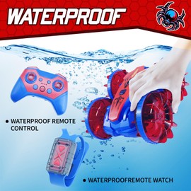Remote Control Boat Car , Amphibious Gesture RC Boat Car 4WD Waterproof, RC Gesture Stunt Car with LED Lights, Water Beach Pool Toys for Kids Ages 4 5 6 7 8 9 10 11 12 Gifts for Boys Girls (Blue&Red)