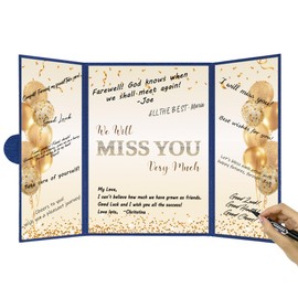 DARUNAXY Blue Gold Farewell Party Decorations, We Will Miss You Very Much Alternative Signature Guest Book for Men Women Going Away Gifts Signing Card Board for Retirement Graduation Party Supplies