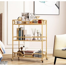LORMITER Square Gold Bar Carts with 3 Tier Storage Glass Shelves Holder Home Serving Bar Carts on Wheels for Kitchen, Bar, Dinning Room