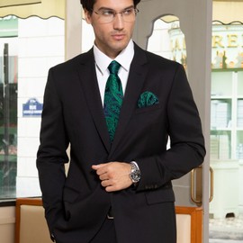 HISDERN Men's Tie Green Navy Paisley Tie Wedding Party for Men Handkerchief Necktie & Pocket Square Set for Formal Business