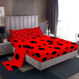 Ladybug Bed Sheet Set Kids Red and Black Sheets Set 4pc Polka Dot Pattern Microfiber Soft Bedding Set,1 Flat Sheet,1 Deep Pocket Fitted Sheet,2 Pillow Cases（King Size）
