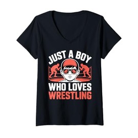 Womens Just A Boy Who Loves Wrestling Wrestler Kid Wrestling V-Neck T-Shirt