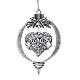 Inspired Silver - Boston Silver Christmas Ornament - Pave Heart Charm Christmas Tree Ornament with Cubic Zirconia - Holiday Hanging Decoration