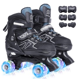 Boys' Double-Row Roller Skates with Protective Gear - One-Click 4-Size Adjustable, Safety Brake System with Latch & Light-Up Wheels, Indoor/Outdoor Youth Skates for Kids Ages 3-12