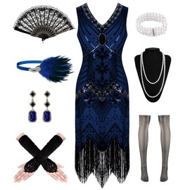 1920s Dresses for Women, Flapper Dress Lace Fan Feather Headband Sequins Beads Fringes 20s Accessories Vintage Mafia Costume BlackBlue
