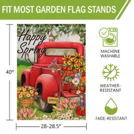 Furiaz Happy Spring Vintage Red Truck House Flag, Pickup Home Yard Lawn Decorative Outdoor Large Flag, Daisy Tulip Flowers Outside Garden Decorations Seasonal Welcome Burlap Decor Double Sided 28 x 40
