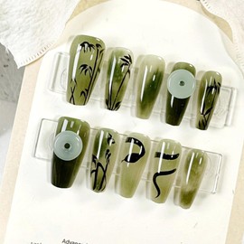 24Pcs Square Press on Nails Long Fake Nails 3D Snake Rhinestones Designs Glossy Glue on Nails Bamboo False Nails Dark Green Gradient Acrylic Nails Full Cover Spring Stick on Nails for Women Girls