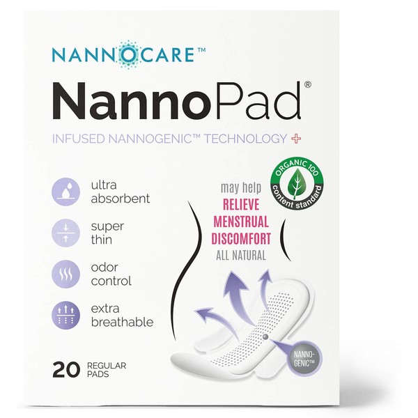NannoPad Regular Pads for Women - Nannocare Certified Organic Cotton Pads - Pads with Wings - Feminine Hygiene Products - 20 Sanitary Pads for Women - Feminine Pads (20 Count (Pack of 1))