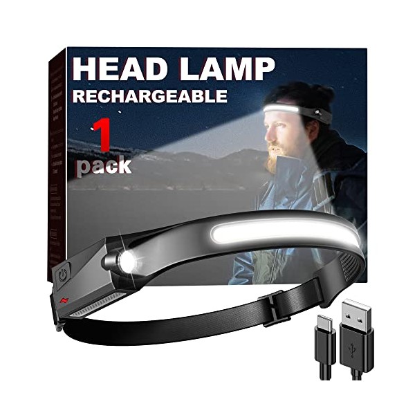 Fulighture Head Torch Rechargeable, USB Super Bright LED Headlamp, IPX4 Waterproof Headlight for Power Cuts, Emergency, Running, Camping, Hiking, Fishing, Cycling, Garage