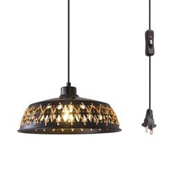 Plug in Pendant Light Industrial Hanging Light with Plug in Cord On/Off Switch Farmhouse Ceiling Lamp Vintage Chandelier Lighting Fixture Lamps Metal with Rattan Lampshade for Kitchen Island Bedroom