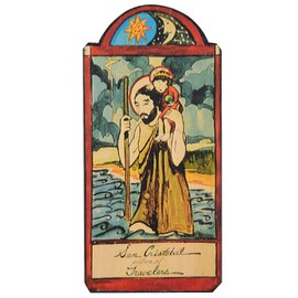 Modern Artisans San Cristobal (St Christopher) Patron Saint of Travelers Handmade Retablo Plaque, 3.5 x 7.25 Inches