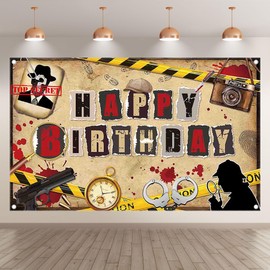 Luminora 72x43inch Detective Mystery Theme Birthday Backdrop Warning Line Magnifier Suspect Handcuffs Blood Pocket Watch Background Kids Party Banner Photo Props Booth