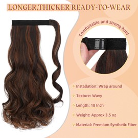 Felendy 18" Ponytail Extension Curly Wavy Clip in Hairpiece Wrap Around Long Pony Tails Hair Extensions Synthetic for Women Light Auburn Mix Dark Brown