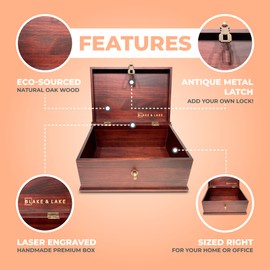 Blake & Lake Antique Style Wood Storage Box - Decorative box for Home or Office - Wooden Box with Hinged Lid Keepsake Box with Metal Latch
