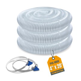 POWERTEC 4" x 20' Flexible PVC Dust Collection Hose with 2pcs Stainless Steel Key Hose Clamps for Table Saw, Band Saw, Planer, Jointer, Woodworking and Garage, Woodshop Dust Collection System (70244)