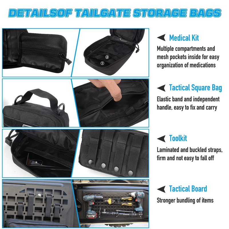 Tailgate Molle Panel Rear Door Cargo Organizer Kit Interior Storage