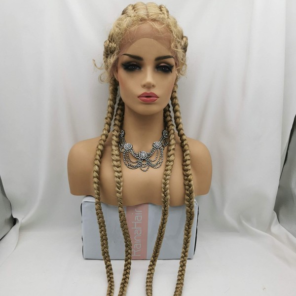 30inch Blonde Lace Braided Wig with Baby Hair Blonde Box Braid Synthetic Lace Front Wig for Women Hand Twisted Wig Cosplay Wig