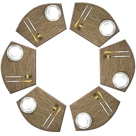 GoTCele Wedge Shape Placemats for Round Dinner Table Woven Vinyl Wipe Clean Non Slip Plastic Table Mats Set of 6（Khaki）
