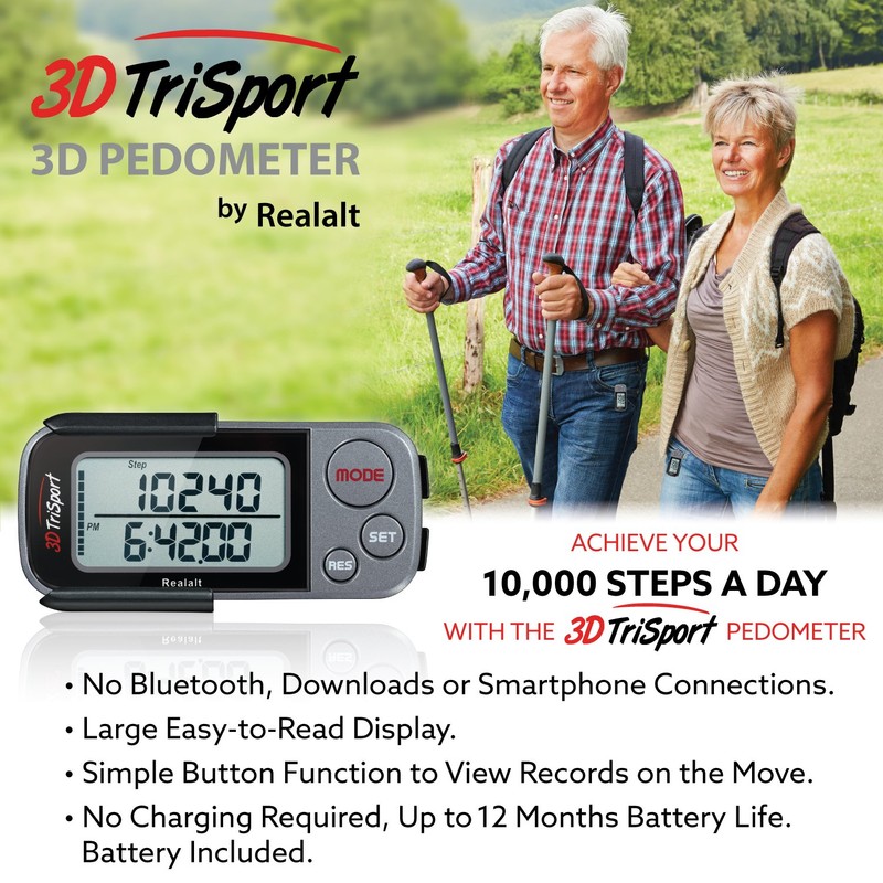 Realalt 3DTriSport 3D Pedometer, Accurate Step Counter with Clip and