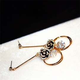 Black Enamel Camellia Earrings for Women Flower AAA Cubic Zirconia Long Drop Earrings Statement Fashion Earings, Zinc, Cubic Zirconia