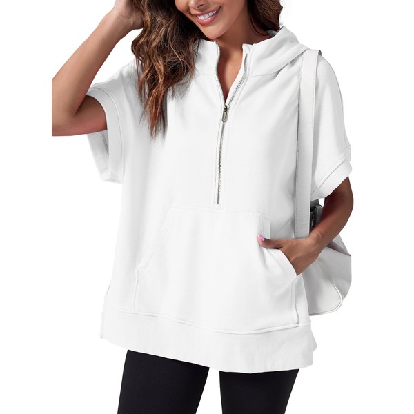 Fisoew Womens Oversized Half Zip Hoodies Short Sleeve Casual Sweatshirts