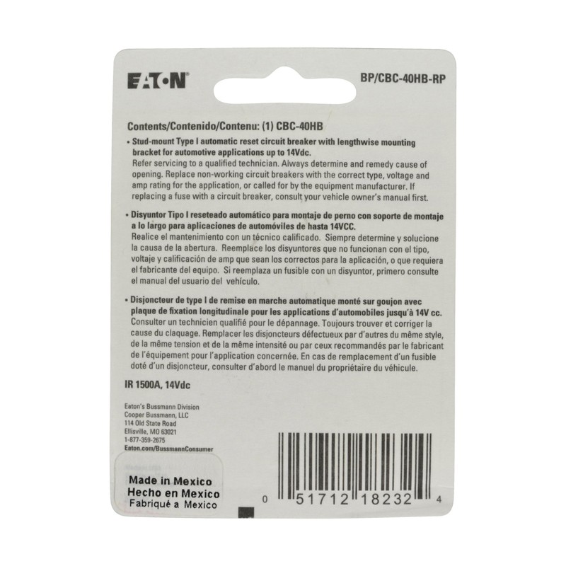 Bussmann (BP/CBC-40HB-RP) 40 Amp Type-I Stud Mount Circuit Breaker with