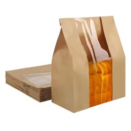50pcs, Paper Bread Bags with window, Large bakery bread bags for homemade baked goods, Sourdough, Snacks, Packing Storage, Gifting Bag, Bonus Sticker Seal, Kraft Paper, 12.9 x 8.3 x 3.5 inches