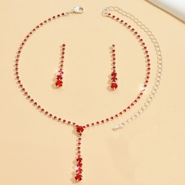 Unicra Bride Silver Bridal Necklace Earrings Set Crystal Wedding Jewelry Set Rhinestone Choker Necklace for Women and Brides (3 piece set - 2 earrings and 1 necklace) (G Red)