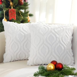 decorUhome Christmas Decorative Throw Pillow Covers 18x18, Soft Plush Faux Wool Couch Pillow Covers for Home, Set of 2, White
