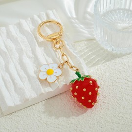 WOWORAMA Heart Bow Charm Keychain for Women Pearl Bow Tennis Bag Charm Ball Keyring Gold Heart Purse Charms for Handbags, Flower Strawberry, One Size