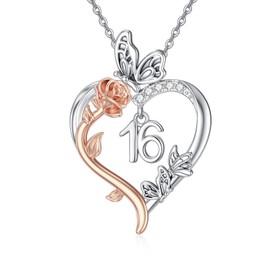 TOUPOP 16th Birthday Gifts Rose Heart Pendant Necklace Sterling Silver Sweet 16 Necklace Heart Butterfly 16 Years Old Jewelry Anniversary Christmas Gifts for Women Her Daughter