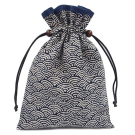 Handmade Workshop FUJITA (Handcraft Fujita) Drawstring Bag, Lined, Japanese Pattern, Blue Wave Pattern x Navy Blue, Made in Japan, Japanese Accessories, Japanese Goods