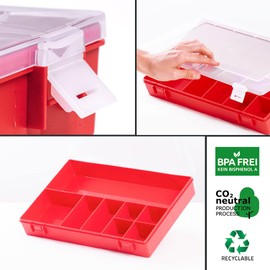 hünersdorff Sortimentskasten PP-Classic mit 8 Fächern | stabile Sortierbox für Schrauben und andere Kleinteile | feste Facheinteilung | 22,5 x 33,5 x 5,5 cm, rot