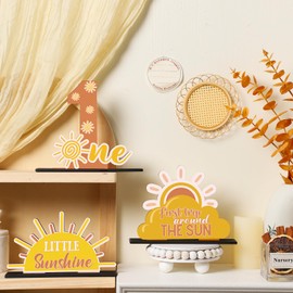 Suzile 6 Pcs Sunshine Party Favor Rainbow Boho Sun Party Decorations First Trip Around the Sun Centerpiece 1st Birthday Sun One Letter Sign Daisy Bohemian Wooden Centerpiece for Table Kids Baby Shower
