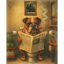 Bulldog Bathroom News Break - Funny Animal Bathroom Wall Art - Masculine Wall Decor for Men - Bathroom Art Decor - Cool Dog Pictures for Wall - Black and White Art for Bathroom - Unframed 8x10 Print