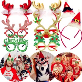 JeVenis Christmas Party Costume Decorations Christmas Glitter Party Glasses Fleece Santa Hats Christmas Bells Headband Headwear for Christmas Party Supplies