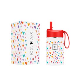 IRON °FLASK Kids Water Bottle - Straw Lid, 20 Name Stickers, Vacuum Insulated Stainless Steel, Double Walled Tumbler Travel Cup, Thermos Mug - Rainbow Hearts, 10 Oz