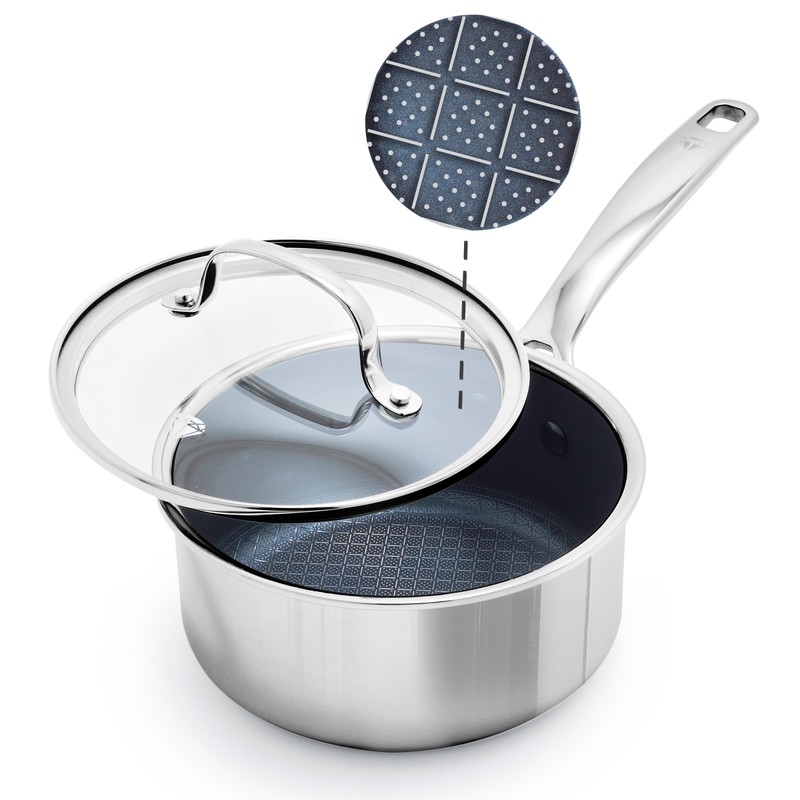 Blue Diamond Hybrid Nonstick Stainless Steel 1.57QT Saucepan with Glass