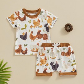 Toddler Baby Boy Girl Summer Clothes T-Shirt Top Shorts Infant Newborn Outfit (B White Farm Chicken, 6-12 Months)