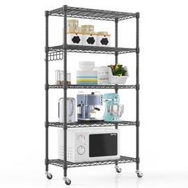 Himimi 5-Tier Storage Shelf Wire Shelving Unit on Wheels Heavy Duty Metal Shelves Adjustable Steel Rack Organization for Kitchen Garage Basement, Black