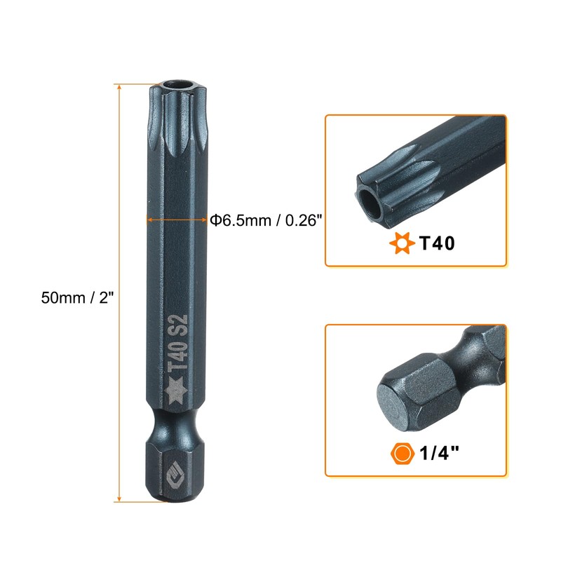 sourcing map 2pcs T40 Torx Screwdriver Bit 1/4" Hex Shank
