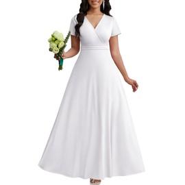 CLOCOR Formal Dresses for Women Summer Maxi A Line V Neck Short Sleeve Long Dress Wrap High Waist Wedding Guest Elegant Church White L