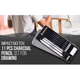 ImpactSketch Charcoal Pencil Set - 11 Pcs for Drawing & Sketching | Includes 4 Shades, Sharpener, Eraser & Tortillons | Professional Quality Art Supplies for Artists & Students