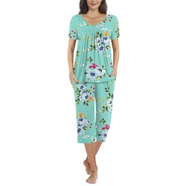 Aodemo Womens Summer Pleated Pajama Sets Short Sleeve Sleepwear Ladies Nightwear Capri Pants Pjs Lounge with Pockets 2XL, Mint Green