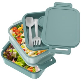 Jelife Bento Box Adult Lunch Box - 72oz Stackable Bento Lunch Box for Adults, 3 Layers All-in-One Large Bento Box Leak-Proof Lunchbox with Utensil Sauce Dressing Containers for Dining Out,Work, Green